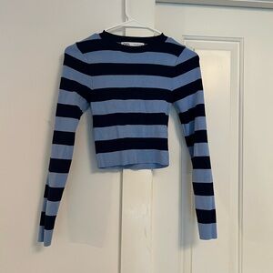Zara Light Blue and Navy Striped Crop Top